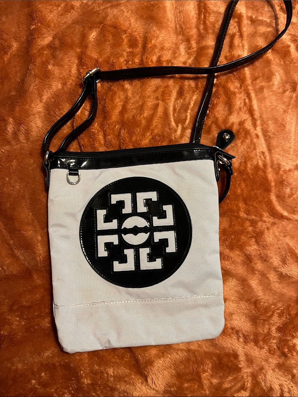 White Canvas Crossbody with Black Patent Trim and Logo Medallion